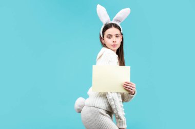 Mesajı kağıttan olan komik tavşan kız. Boşluğu kopyala.