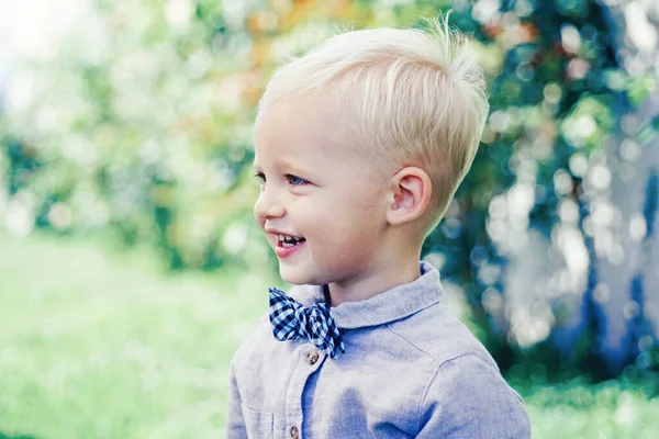 Fijne dag. Jongen in pak en vlinderdas. Gelukkige jongen die in gras staat op zonnige zomerdag. Buiten kind in de natuur. — Stockfoto