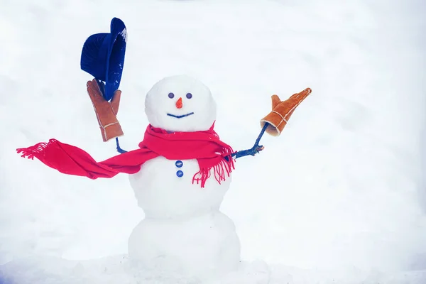 Hello winter. Happy snowman standing in winter Christmas landscape. Happy smiling snow man on sunny winter day.