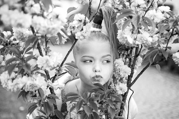 Joli portrait d'écolière au jardin de printemps. Un regard expressif. Un sourire printanier. Souriant enfant heureux. Photoshoot multicolore tendance . — Photo