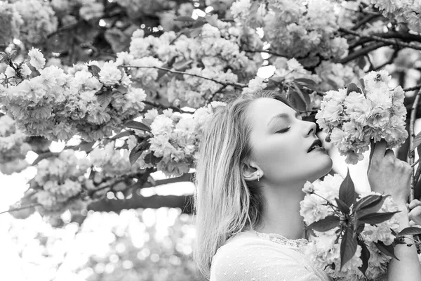 春の女性ファッションのコンセプト。桜の木と晴れた日に咲くブロンドの女性。自然を背景に青空が広がる桜の花々. — ストック写真