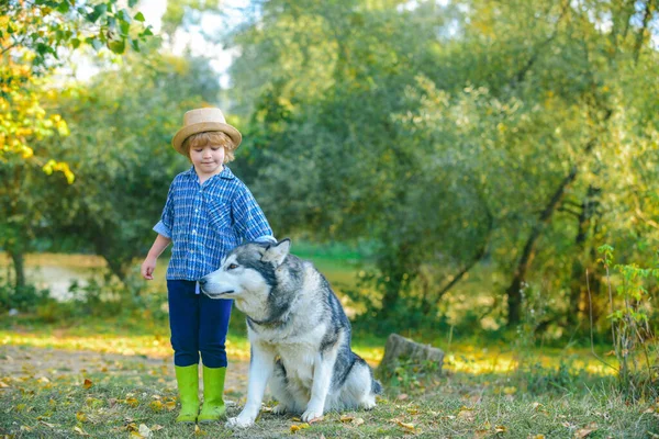 Τα παιδιά περνάνε χρόνο μαζί με ένα σκύλο. Ο μικρός αδερφός περπατάει με το κουτάβι. Γιος και σκύλος σε φυσικό περιβάλλον. Φύση με τα παιδιά και το κατοικίδιο ζώο. Έννοια ενεργών παιδιών. — Φωτογραφία Αρχείου