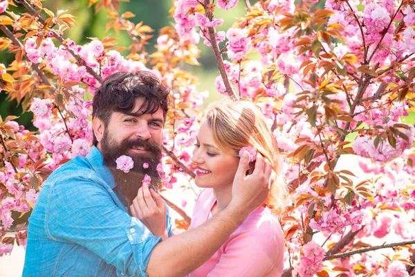 Retrato de primavera de belo casal feliz. O par passa o tempo no jardim de árvore florescente de primavera. Casal de Páscoa , — Fotografia de Stock