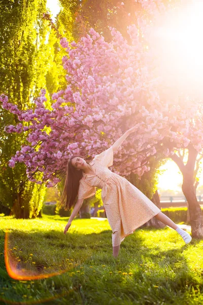 夕日の庭に花を持つ女の子。花はピンクです。優しさのロマンチックな概念. — ストック写真