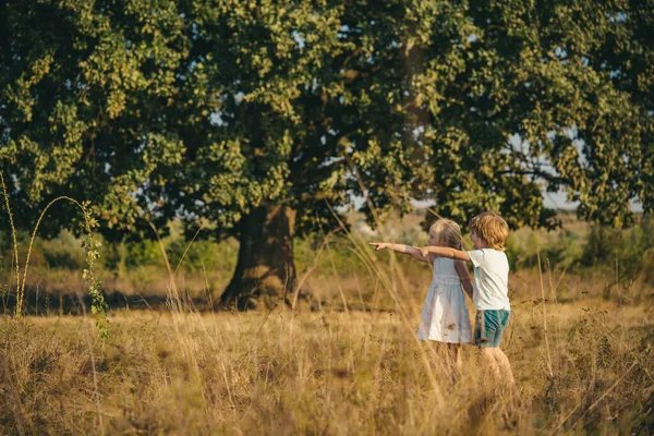 Aktiv familjesemester med barn. Vår- eller sommartid för barn på ranchen. Barndomskoncept. Begreppet aktiva barn. Natur och barns livsstil. Begreppet barnbonde. — Stockfoto