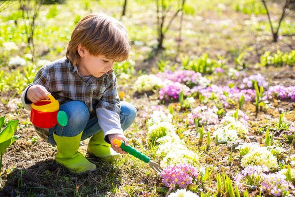 Sommaraktiviteter för barn. Ekologiskt liv. Ganska söt unge som jobbar och leker i vacker trädgård. Söt liten pojke vattna växter i trädgården på våren solig dag. — Stockfoto