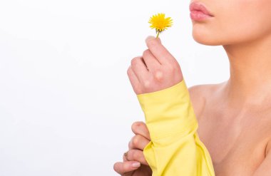 Bahar konsepti Karahindiba çiçekli dudaklar. Beyaz arkaplan izole.