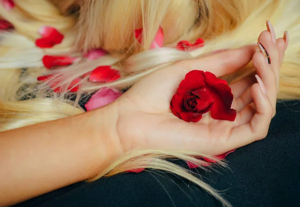 Delikatna dłoń. Kobieta sztuka mody ręka z kwiatami róż na ręce. Kreatywne piękno fotografia strony dziewczyny. — Zdjęcie stockowe