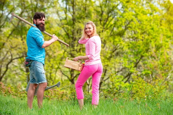 Kleinunternehmer, der biologisches Obst und Gemüse verkauft. Zwei Personen gehen auf einem landwirtschaftlichen Feld spazieren. Lächelndes Paar auf Ackerland. — Stockfoto