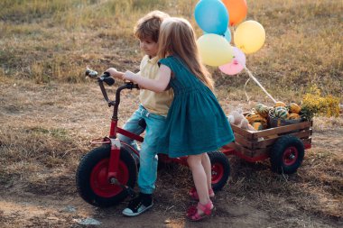 Doğadaki sevimli arkadaşlar için güzel eğlenceli bir gün. Küçük şirin çocuklar gülümsüyor. Doğadaki çocuklar. Küçük çocuklar temiz havada eğleniyor. Mutlu erkek ve kız kardeşler.
