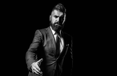 İş adamının el sıkışma portresi. İş ortaklığı kavramı. İş adamı konsepti. İş güvencesi.