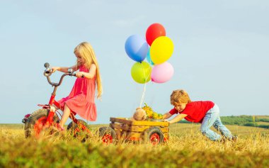 Komik çocuklar. Arkadaşlık ve destek. Yaz tatili. Yaz tarlasında mutlu bir çocuk. Şirin küçük çiftçiler. Bahar tarlasında çalışan kardeşler..