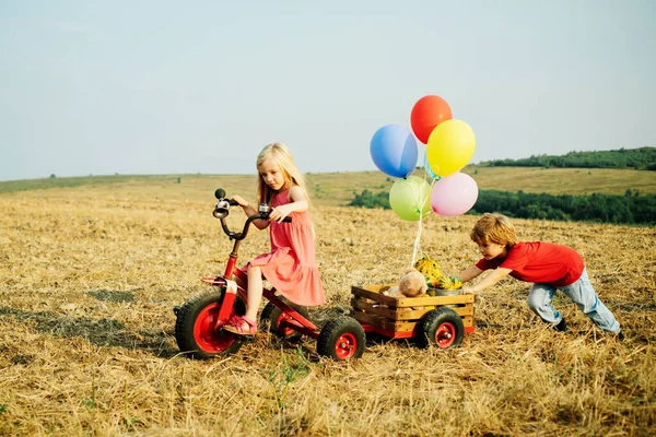 Amizade e apoio. Irmão e irmã agricultores de bicicleta se divertindo no campo de primavera. Crianças agricultor na fazenda com fundo rural. Vida agrícola americana . — Fotografia de Stock