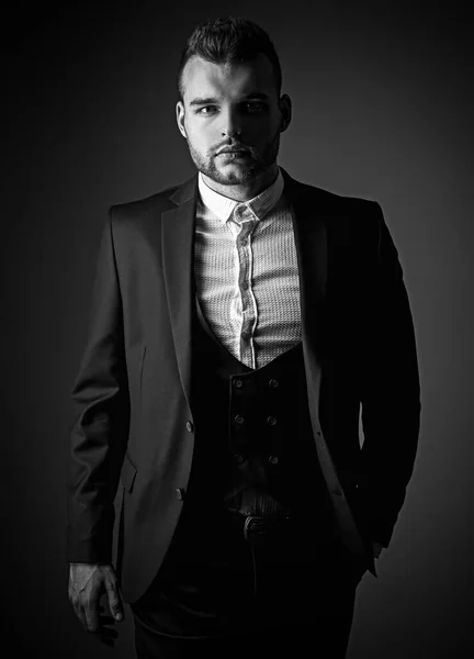 tuxedo man. Modern man suit fashion. Man in classic suit shirt. Business confident. Portrait of handsome serious male model. Ambition and individuality, success. Businessman in work. formal meeting