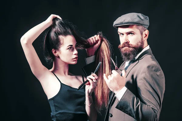 Barber shop design. Hair Stylist and Barber. Bearded man hipster wiht beauty woman. Fine Cuts. Portrait woman with long hair.