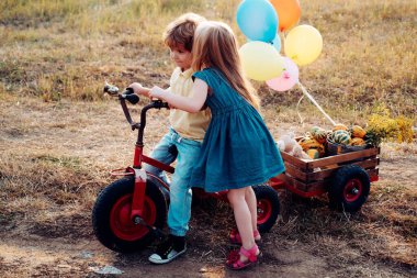 Doğadaki sevimli arkadaşlar için güzel eğlenceli bir gün. Küçük şirin çocuklar gülümsüyor. Doğadaki çocuklar. Küçük çocuklar temiz havada eğleniyor. Mutlu erkek ve kız kardeşler.