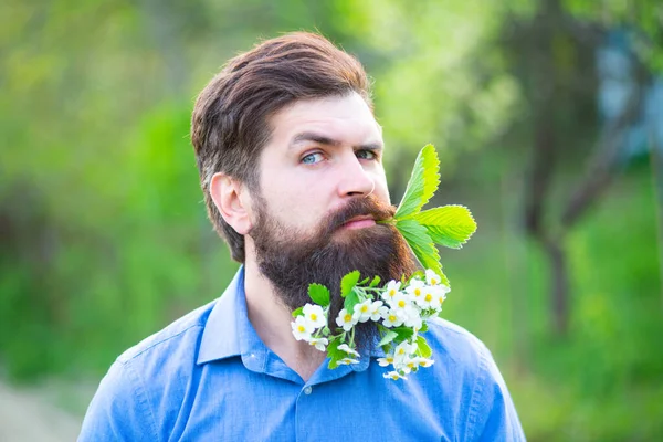 Grappige Blossom baard. Voorjaar mode man buiten portret in bloeiende bloemen in baard. Romantische man met bloemen. Mannelijk model Genieten van de natuur. Romantische schoonheid in fantasie boomgaard. — Stockfoto