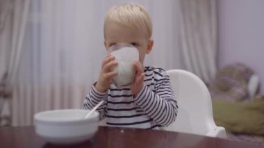 Tatlı bebek yiyor, süt içiyor. Küçük çocuk bardaktan süt içiyor. Mutlu gülümseyen çocuk, sarışın kıvırcık çocuk, sağlıklı kahvaltının tadını çıkarıyor ve mutfakta süt içiyor..