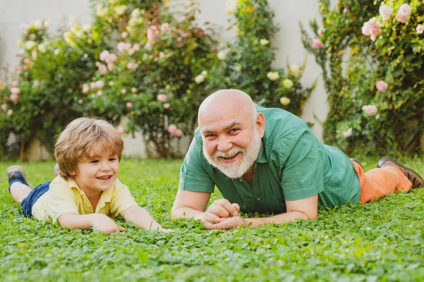 Внук обнимает дедушку. Счастливые отец и ребенок семьи на лугу с воздушным змеем летом на зеленой траве. Милый мальчик с папой играет на свежем воздухе . — стоковое фото