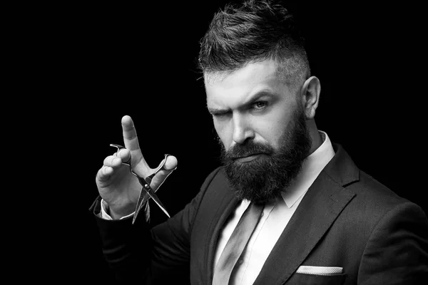 Facial care. bearded man in formal business suit. brutal male hipster cut hair with hairdressing scissors. confident businessman at barbershop. barber and hairdresser salon. beard care, perfect beard — Stock Photo, Image