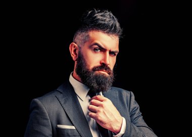 Papyon tarzı. Koyu gri takım elbiseli sakallı adam. Klasik takım elbiseli, gömlek ve kravatlı adam. Zengin adam modeli. Lüks klasik takım elbiseler, moda..