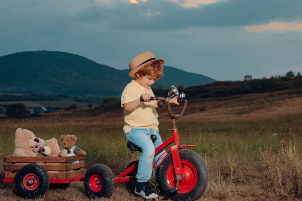 Child dream of traveling. Summer vacation concept. Child dreams. Happy kid with bike on summer field. Carefree childhood. Bike tour.