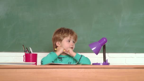 Elève prêt pour l'école. Un écolier de l'école primaire à la cour de l'école. Enseignant écolière aider écolier avec leçon — Video