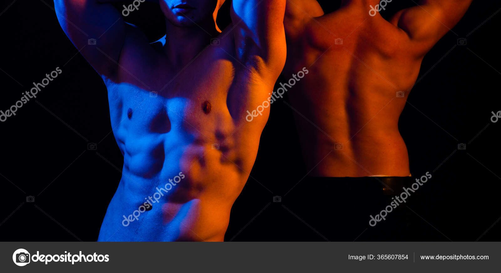 Gay concept. Close up of two naked shirtless man. Sexy Male Model. Two sexy  nude wet muscle guys on black background. Two athlete with strong body.  Hunky shirtless male model. Stock Photo