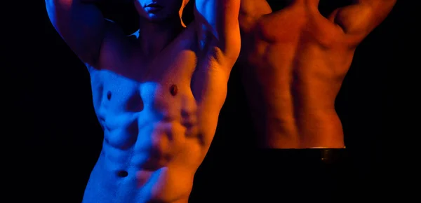 Gay concept. Close up of two naked shirtless man. Sexy Male Model. Two sexy nude wet muscle guys on black background. Two athlete with strong body. Hunky shirtless male model. — Stock Photo, Image