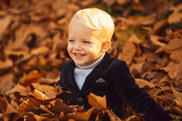 Niño feliz jugando con hojas caídas en el parque de otoño. El niño se divierte jugando con hojas doradas caídas . — Foto de Stock