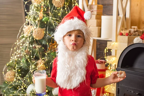 Portrait of Santa Claus Drinking milk from glass and holding cookies. Happy kids Santa Claus with glass of milk and cookie. Santa child eating cookies and drinking milk.