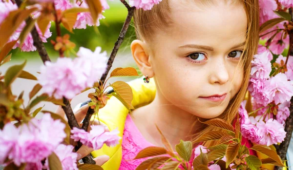 Heerlijk tienermeisje met roze kersensakura bloemen in roze jurk bij mooie tuin. Kersenbloesem. — Stockfoto