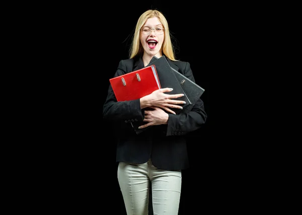 Businesswoman or secretary winking and holding folders , black isolated. — Stock Photo, Image