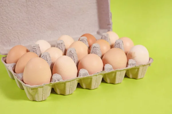 Egg carton full of brown eggs on green background