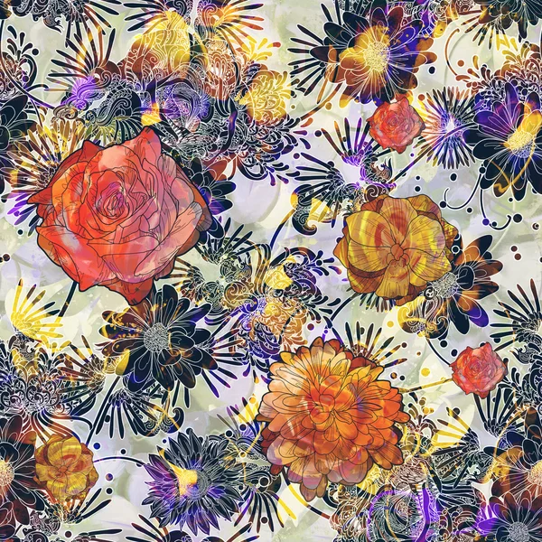 Renkli çiçeklerle soyut ve pürüzsüz desen — Stok fotoğraf