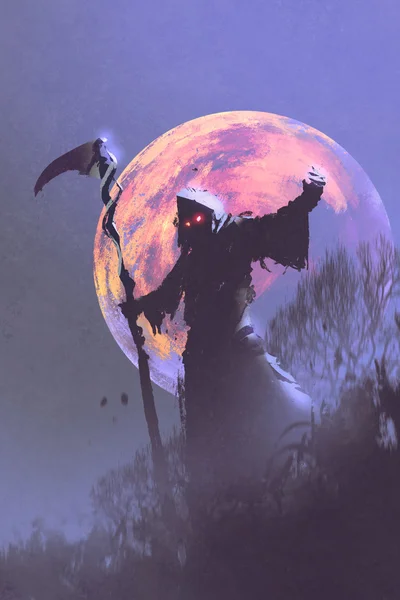 The death with scythe standing against night sky — Stock Photo, Image