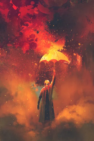 Gás máscara homem segurando queimando guarda-chuva no fundo de fogo — Fotografia de Stock