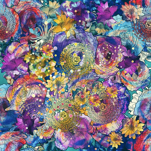 Seamless pattern of colorful flowers with texture — Stock Photo, Image