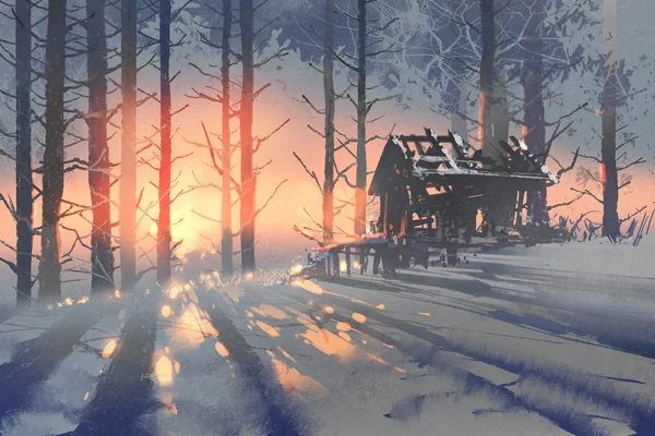 winter landscape of an abandoned house in the forest