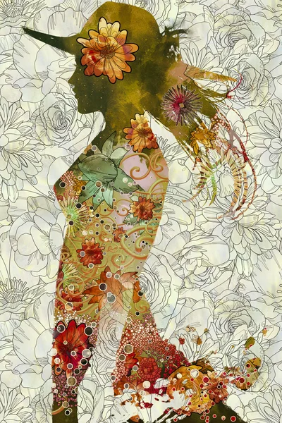 Dobbelt eksponering av en kvinne med hatt og fargerike blomster – stockfoto