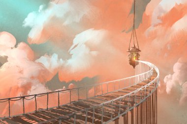 rope bridge leading to the hanging lantern in a clouds clipart