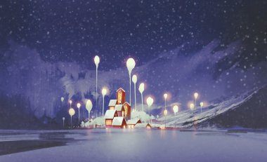 köy ve fantezi ağaçlarıyla gece kış manzarası