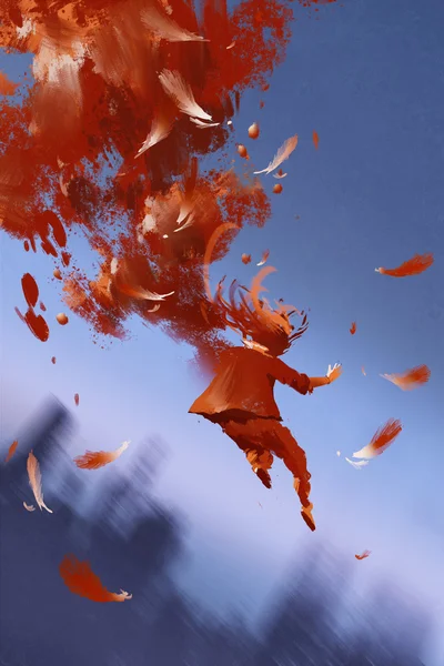 Jumping man and red feathers on blue background — Stock Photo, Image