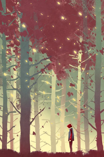 Homem de pé na bela floresta com folhas caindo — Fotografia de Stock