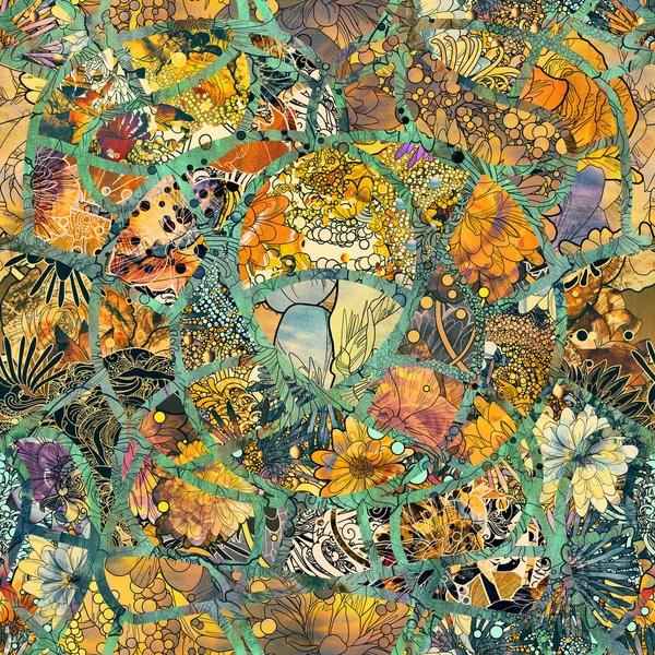 Абстрактний безшовний візерунок з різнокольоровими квітами і листям з текстурою — стокове фото