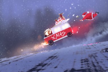 Noel Baba ve Noel hediye çantaları kış yolda atlama ile van