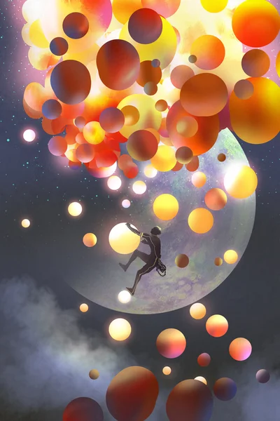 Un uomo arrampicata palloncini fantasia contro pianeti immaginari sfondo — Foto Stock