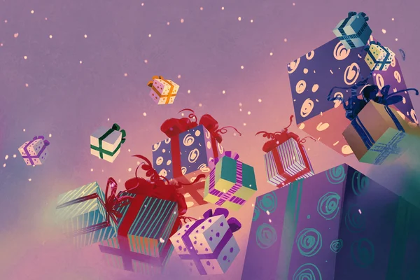 Christmas gift boxes floating on purple background — Stock fotografie