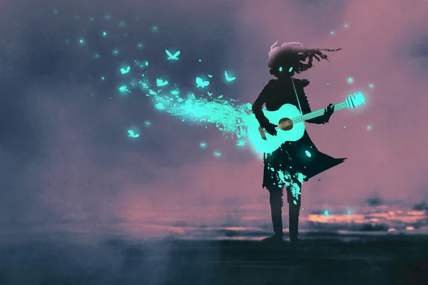 Девушка играет на гитаре с голубым светом и светящимися бабочками — стоковое фото