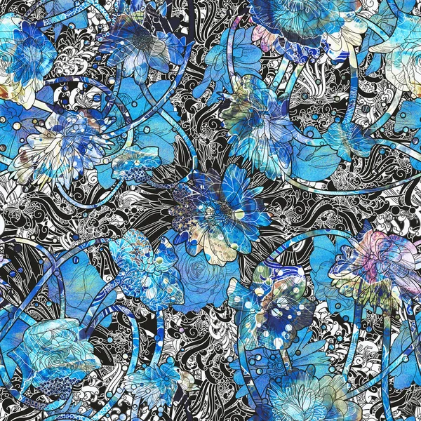 Motif abstrait sans couture avec des fleurs bleues — Photo